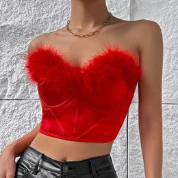 Women's Tanks Red Color Feather Design Crop Tops Stitching Tube Top Low-Cut Short Outer Wear Bone Clothing Female Night Club Outfits