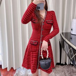 Self Portrait Red Long Sleeve V-Neck Sweater Cardigan Short Umbrella Skirt Slim Fit Dress