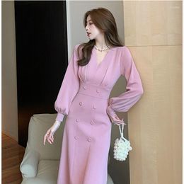 Casual Dresses Women Korean Kintting Slim Autumn Winter V-neck Knee-Length Sweater Dress Office Lady Chic Vestidos Long Purple