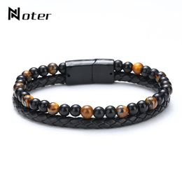 Trendy Mens Bracelet Natural Lava Tiger eye Braslet Double Layer Leather Braclet Hiphop Punk Brazalete Present For Men Bileklik3017