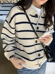 Women's Knits Tees QING MO Korean Sweater Jacket Women Autumn Winter Loose Casual Stripe Knitted Cardigan Sweater Beige Navy ZXF3320 230928