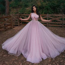 Pink Exquisite One Shoulder Dot Tulle Prom Dress Sexy Sequins Appliques Dubai Arabic Formal Evening Gowns Robes De 328 328