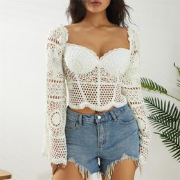 Women's T Shirts Women Long Bell Sleeve Solid Color Slim Fit Crochet T-Shirts Summer Holiday Beach Hollow Out Crop Tops