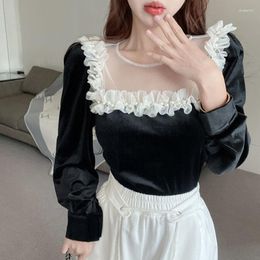 Women's Blouses Vintage Women Elegant Sweet Ruffles Beads Casual Blouse Blusas Sexy Mesh Splicing Velvet Shirt 2023 Korean Fashion Clothes