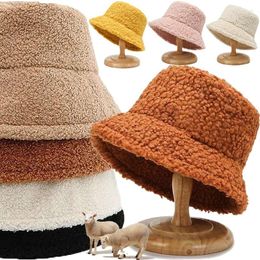 Berets 7colors Winter Lamb Wool Fisherman Hat Women Fashion Bucket Wide Brim Flat Top Cold-proof Windproof Cap Korean Solid Colour