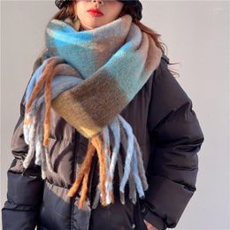 Scarves JulyPalette INS Rainbow Colour Plaid Tassel Scarf Women Autumn Winter Thicken Mohair Pashmina 2023 Warm Ladies Shawls