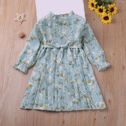 Girl Dresses Girl's 2023 Spring Summer Scoop Neck Long Sleeves Lace Up Floral Dress Elegant Kids Flowy Print Plain Sundress
