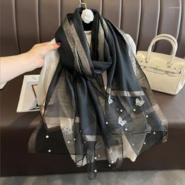 Scarves 2023 Women Winter Warm Wool Scarf Shawl Fashion Solid Silk Butterfly Pearl Design Pashmina Embroidery Headkerchief