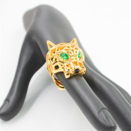 Trendy Hollow Leopard Animal Finger Ring Green Eyes Hollow Panther Heads Rings For Men Women Party Jewelry254Z