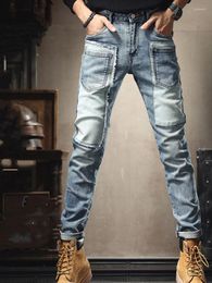 Men's Jeans 2023 Patch Designer Stretch Denim Pants High Quality Slim Fit Blue Motobiker Street Autumn Man's Trousers