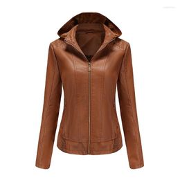 Women's Leather Jacket Women Removable Hat Zipper Long-sleeved Velvet Autumn Winter Hooded