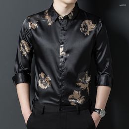 Men's Casual Shirts Black White Smooth Satin Clothes For Mens Fashion Clothing Large Sizes Silk Elegant Man Work Flowers Stylish Blouse