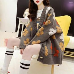 Women's Knits Women Cardigan Autumn Winter Jacquard Flower Decor Sweater Coat Long Sleeve Pockets Single Breasted Ribbed Trim