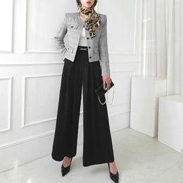 Women's Two Piece Pants Korean Simple Autumn Sets O Neck Plaid Jacket High Waist Slim Wide Legged Occupation With Scarf 2 Suit