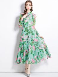 Casual Dresses Autumn Holiday Gorgeous Flower Green Chiffon Dress Women's Long Sleeve Shirt Collar Rose Floral Print Flare Robe Vestidos