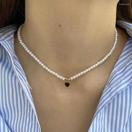 Pendant Necklaces Bohemian Love Heart Black Zircon Imitation Pearl Necklace For Women Collar Handmade Stainless Steel Clasp