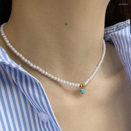 Pendant Necklaces Bohemian Sky Blue Love Heart Zircon Imitation Pearl Necklace For Women Stainless Steel Clasp Gold Colour