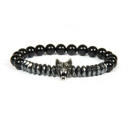 New Men Silver Bracelet Bangles Whole 10pcs lot Stainless Steel Wolf Bracelets With 8mm Stone Beads Beaded Jewellery For Gift278y