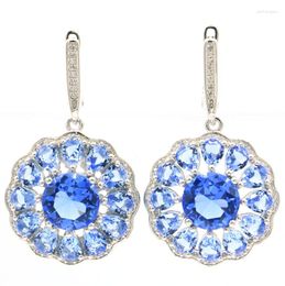 Dangle Earrings 40x28mm Sell Flowers Shape Violet Tanzanite London Blue Topaz White CZ For Woman's Present Silver