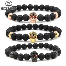 HOBBORN Trendy Natural Lava Stone Bracelet Women Men Hip Hop Rose Gold Silver Colour Charm CZ Skull Bracelets Pulsera Hombre2754