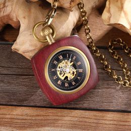 Pocket Watches Retro Unique Royal Red Wooden Bamboo Hand Winding Mechanical Watch Square Dial With Gold Chain Men Hour Clock Gifts 2023