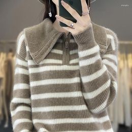 Women's Sweaters Merino Wool Sweater Turtleneck Strip Zipper Half Open Neck Pullover Autumn Winter Thickened Casual Knit Loose Top