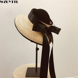 Women Floppy Suns Hat with Bowknot Long Black Ribbon Empty Top Visor Straw Hat Lady Summer Wide Brim Beach Cap chapeau femme ete306E