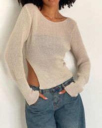 Women's Sweaters Fashion Womens Autumn Cropped Sweater Solid Colour Ribbed Boat Neck Long Sleeve Side Slit Hem Slim Knitwear S M L