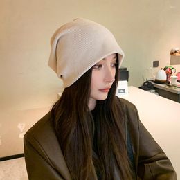 Berets Autumn Women's Knitted Beanie Hats Winter Casual Ribbed Plain Double Layer Slouchy Beanies Mens Street Fashion Skullies