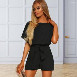 Women's Tracksuits Women Summer Romper Solid Colour Round Neck Short Sleeves Lady With Belt Tight Waist Dress-up Breathable Bodysuit
