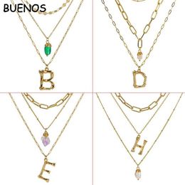 Pendant Necklaces BUENOS Multilayer Letter Initial Necklace Women A-Z Fashion Pearl Zircon Natural Stone Gold Chain Jewelry264n