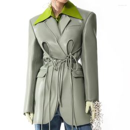 Women's Leather Green PU Faux Jacket Women Long Sleeve Elegant Fashion Hollow Out Drawstring Bandage Luxury Winter Coat 2023 Chaquetas