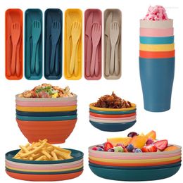 Dinnerware Sets 42Pcs/set Wheat Straw Cutlery Set Bowl Saucers Plates Portable Camping Dishes Knife Fork Home Kitchen Full Tableware