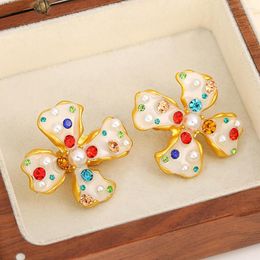 Backs Earrings AENSOA Vintage Colourful Crystal Pearl Flower Ear Clip On For Women No Pierced White Enamel Petal Floral Earings Jewellery