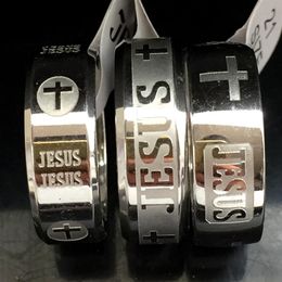 30pcs Mixed Etched JESUS Silver Rings Mens Engraved Cross Religious Stainless Steel Ring High Quality Comfort fit Man Ring Wholesa234v