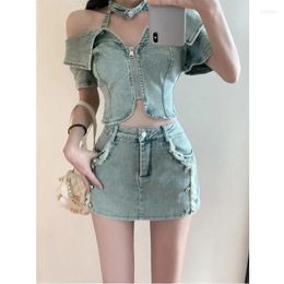 Work Dresses Sexy Women Summer Denim Jeans Suit Halter Tops Mini Skirt Outfits Suits Backless Korean Style Bodycon High Waist Vestidos