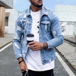 Men's Suits Jeans Jacket Male Denim Lapel Washing Turndown Collar Coat Stylish Ripped For Party