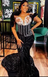 2023 Oct Aso Ebi Arabic Black Mermaid Prom Dress Crystals Beaded Luxurious Evening Formal Party Second Reception Birthday Engagement Gowns Dresses Robe De Soiree ZJ