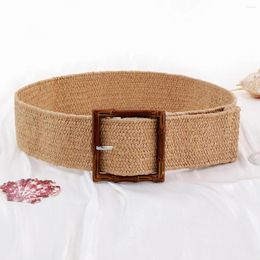 Belts Bohemia Square Pin Buckle Elastic Braided Women PP Straw Fake Grass Woven Wide Waistband Dress Decorative Vacation