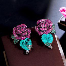 Dangle Earrings ThreeGraces Unique Pink Red Cubic Zirconia Big Flower Heart Drop For Women Luxury Daily Party Dress Jewellery E1400