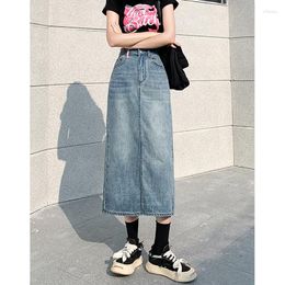 Women's Jeans High Denim Skirt Waist Split Blue Commuting Summer Waisted Slim Mid Length Style