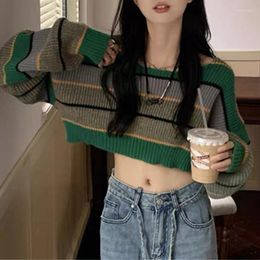 Women's Sweaters Y2k Horizontal Stripe Green Crop Sweater Navel Exposed Women Autumn Short Knitwear Long Sleeve Loose Fit Streetwear Daily