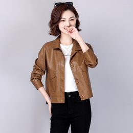 Women's Leather Autumn Women Vintage Genuine Coat High-Grade Sheepskin Slimming Office Lady Button Brown Motorcycle Jacket M-XXL