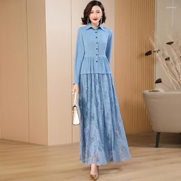 Casual Dresses Summer Lace Dress Women Patchwork Design Long For Office Lady Ball Gown Turn-down Collar Blue