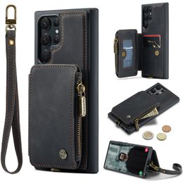 CaseMe Retro Leather Card Holder Zipper Wallet Cases for Samsung Galaxy S23 Ultra S22 S21 S20 Note 20 A54 A34 A14 Shockproof RFID Blocking Phone Cover