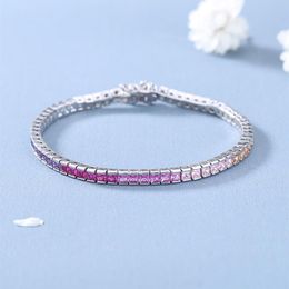 Pure Silver 17 5 CM Tennis Bracelet 4 mm Wide Square Chain With Full 2 5 2 5mm Bling Rainbow Zircon Real 925 Jewelry For Women249g