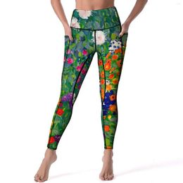 Active Pants Gustav Klimt Art Yoga Lady Cottage Garden Leggings High Waist Sexy Legging Stretch Pattern Work Out Sports Tights