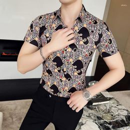 Men's Casual Shirts Vintage Leopard Print For Men Short Sleeve Slim Shirt Streetwear Social Clothing Nightclub Party Tuxedo Blouse