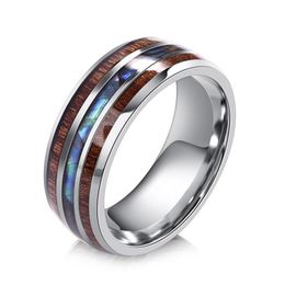 Cluster Rings Wood Inlay Titanium Steel For Men 8 Mm Abalone Shell Tungsten Carbide Ring OBSEDE Fashion Male Jewellery Accessory 5-1263v