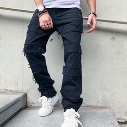 Men's Jeans American Style Black Casual Pants Damaged Rough High Street Elastic Mid-waist Men Trousers